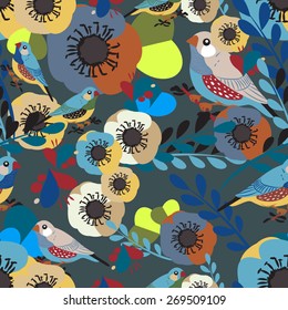 Vector seamless flower pattern with anemone and amadina bird