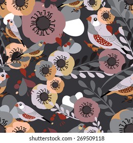 Vector seamless flower pattern with anemone and amadina bird
