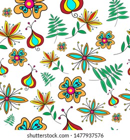 Vector seamless flower pattern. Cute floral pattern with colorful flowers, berry, leaves. White background. Elegant template for fashion prints.