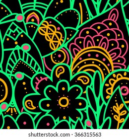 Vector seamless flowers pattern on black background