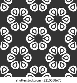 Vector seamless flowers pattern. Repeating geometric flower shapes. Flat design pattern. Abstract flowers. Black and white background. White shapes, isolated on black background.