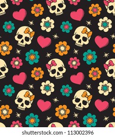 vector seamless with flowers and skulls