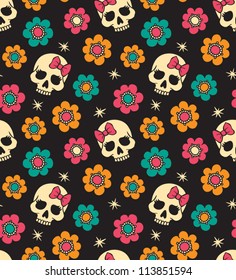 Vector seamless with flowers and skulls