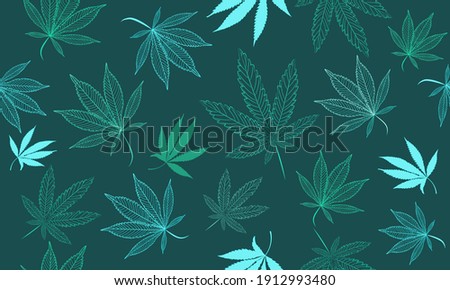 Vector Seamless Fluorescent Marihuana Pattern. A Medical Cannabis Neon Hand Drawn Countours on a Dark Background. Weed Background for Packaging, Wallpaper, Wrapping paper, Posters, Surface Design.