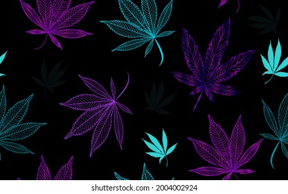 Vektor Seamless Fluorescent, Neon Modern Medical Cannabis, Marijuana Muster. Farbige, handgezeichnete Stoffkonturen auf dunklem Hintergrund für Verpackungen, Umhüllungspapier, Anzeigen, Prints, Banner, Kosmetik.