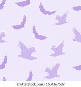 Vector seamless flying birds conversation pattern, spring summer, tender romantic violet background. Design for print, poster, design.