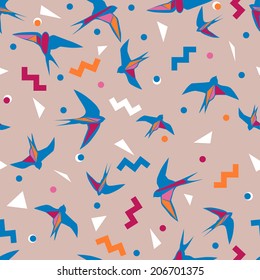 vector seamless flying birds, geometric forms, dots print