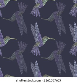 vector seamless flying hummingbird pattern, spring summer time, gentle romantic on a dark purple background allover print design. Print for bed linen. trend print for textiles and wallpaper