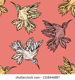 Vector seamless flying little birds of paradise conversation pattern, spring summer time, gentle romantic humming-bird, colibri background allover print design - Vector
