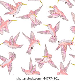 vectorial aves pequeñas voladoras sin fisuras del patrón de conversación paradisíaca, verano primaveral, romántico pájaro zumbante, fondo colibri diseño de impresión