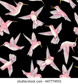 vectorial aves pequeñas voladoras sin fisuras del patrón de conversación paradisíaca, verano primaveral, romántico pájaro zumbante, fondo colibri diseño de impresión