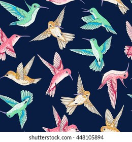 vectorial sin fisuras, pequeñas aves del paraíso, patrón conversacional, multicolor, verano primaveral, suave y romántico pájaro zumbante, colibri fondo diseño de impresión