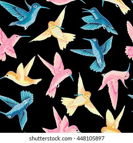 vector seamless flying little birds of paradise conversational pattern multi color, spring summer time, gentle romantic humming-bird, colibri background allover print design