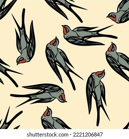 Vector seamless flying little swallows  birds of paradise conversation pattern, spring summer time, gentle romantic humming-bird, colibri background allover print design - Vector