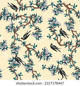 Vector seamless flying little swallows  birds of paradise conversation pattern, spring summer time, gentle romantic humming-bird, colibri background allover print design - Vector