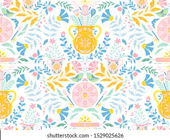 Vector seamless folk art pattern, kitchen utensils and  birds, floral ornaments