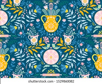 Vector seamless folk art pattern, kitchen utensils,  birds, floral ornaments