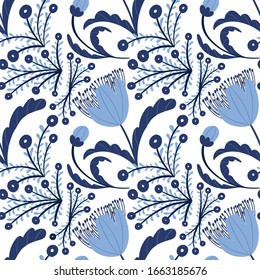 Vector seamless folk, ethnic floristic pattern with primitive blue flowers with  leaves on a stalk on a white isolated background. Use as wallpaper, wrapping paper, textile, clothing,  design, card