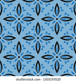 Vector seamless folk pattern in blue. Simple petal and flower shape made into repeat. Great for background, wallpaper, wrapping paper, packaging, fashion.
