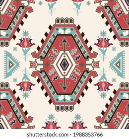 Vector Seamless Folk Pattern. Symmetric Ornament Wallpaper. Ethnic Background. Indian Tile Ornament. Design For Print, Textile, Fabric, Wrapping, Paper, Web, Scrap