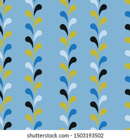 Vector seamless folk vertical pattern in blue. Simple leaf shape made into repeat. Great for background, wallpaper, wrapping paper, packaging, fashion.

