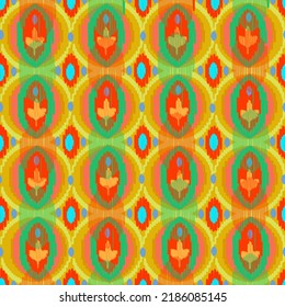 Vector seamless folkloric uzbek manycolored bright pattern with orange and green colors