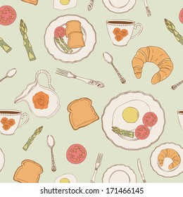 Vector seamless food background. Vector seamless breakfast pattern.