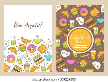 Vector seamless food background. Breakfast menu for cafe, restaurant. Flyer, banner, brochure design. Illustration of tea, coffee, juice, sandwich, fried egg, burger, croissant, donut, cupcake. 