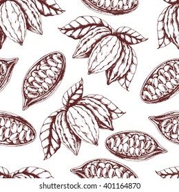 Vector seamless food background of  cocoa on beige . Ink drawn vector illustration in realistic style for prints, fabric, wrapping, backgrounds and other design.