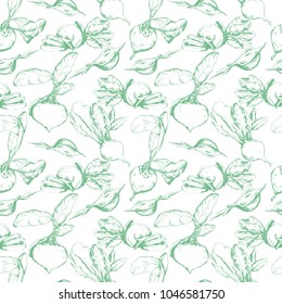 Vector seamless food background with hand drawn beetroot. Ink drawn illustration in sketch style for print, wrapping, fabric, menu and other seamless design.