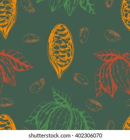 Vector seamless food cocoa background green . Ink drawn vector illustration in realistic style for prints, fabric, wrapping, backgrounds and other design.