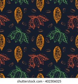 Vector seamless food cocoa pattern with colored cocoa branch and  cocoa beans. Ink drawn vector illustration in realistic style for prints, fabric, wrapping, backgrounds and other design.