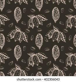 Vector seamless food cocoa pattern with cocoa branch and  cocoa beans . Monochrome  color. Ink drawn vector illustration in realistic style for prints, fabric, wrapping, backgrounds and other design.
