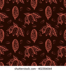 Vector seamless food cocoa pattern with cocoa branch and  cocoa beans. Monochrome  color. Ink drawn vector illustration in realistic style for prints, fabric, wrapping, backgrounds and other design.