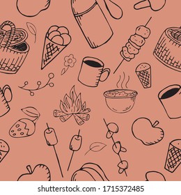 vector seamless food on nature, picnic on a beige background
