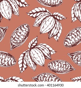 Vector seamless food pattern  with cocoa beans and cocoa fruits on brown . Ink drawn vector illustration in realistic style for prints, fabric, wrapping, backgrounds and other design.