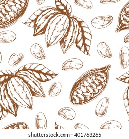 Vector seamless food pattern of  cocoa . Brown on White. Ink drawn vector illustration in realistic style for prints, fabric, wrapping, backgrounds and other design.