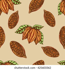 Vector seamless food pattern of  cocoa . Colored on Beige. Ink drawn vector illustration in realistic style for prints, fabric, wrapping, backgrounds and other design.