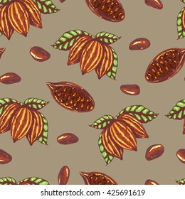 Vector seamless food pattern of  cocoa branch and beans .Colored on brown. Ink drawn vector illustration in realistic style for prints, fabric, wrapping, backgrounds and other design.