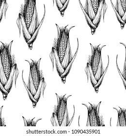Vector seamless food pattern with corn.Hand drawn illustration with healthy vegetables for print, wrapping, paper, fabric and other seamless design in sketch style. Ink drawn engraving black and white