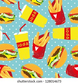 Vector seamless food pattern with french, hamburger and soda