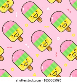 Vector seamless food pattern with ice cream on pink background. Summer wallpaper with cute kawaii popsicle characters