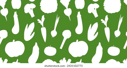 Vector patrón de formas de alimentos sin fisuras. Siluetas vegetales ingredientes orgánicos frescos sobre fondo verde. Papel pintado, impresión, textil, tela, envoltura, banner