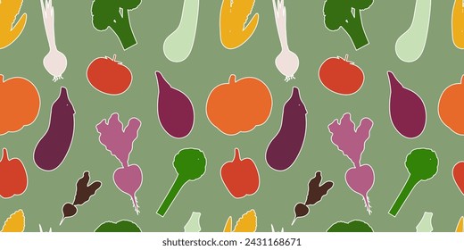 Vector seamless food shapes pattern. Vegetable silhouettes fresh organic ingredients on green background. Wallpaper, print, textile, fabric, wrapping, banner