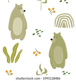 Vector seamless forest background with bear. Cartoon bear. Fabric for children. 