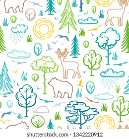 Vector seamless forest pattern. Contours of trees and bushes, sun and clouds, wild animals. Deer, bear, hedgehog among the trees. Bright boundless background for your summer design.