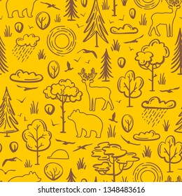 Vector seamless forest pattern. Contours of trees and bushes, sun and clouds, wild animals. Deer, bear, hedgehog among the trees. Bright yellow boundless background for your summer design.