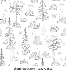 Vector seamless forest pattern. Doodles coniferous trees on a white. Pines, spruces and cypress, stones and grass. Hand-drawn boundless background. Can be used for a coloring book for adults.