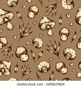 vector seamless forest pattern with hand-drawn mushrooms, berries, leaves and branches on a brown background. can be used as Wallpaper, background, print, textile design, notebooks, wrapping paper.