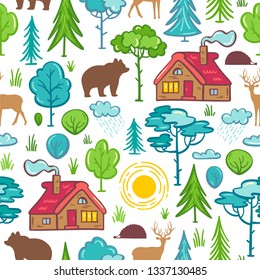Vector seamless forest pattern. House in the woods, trees and bushes, wild animals (deer, bear, hedgehog). Bright boundless background for your nature design.